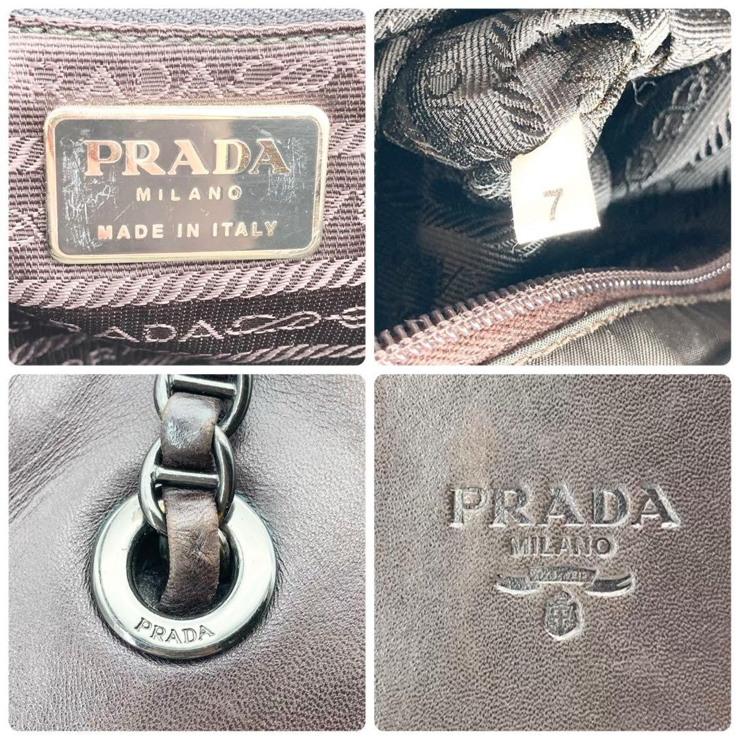 PRADA Hand Bag Tote Purse Chain Leather Khaki Brown Authentic