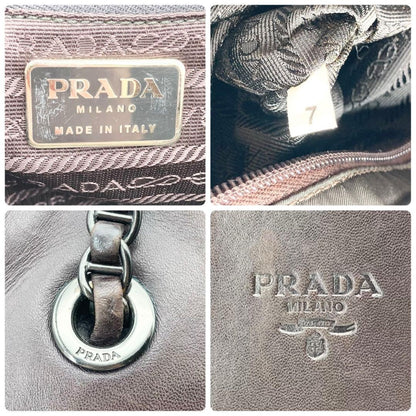 PRADA Hand Bag Tote Purse Chain Leather Khaki Brown Authentic