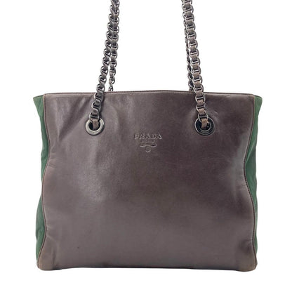 PRADA Hand Bag Tote Purse Chain Leather Khaki Brown Authentic