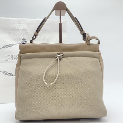 PRADA Hand Bag Tote Purse Nylon Leather Canvas Beige Authentic