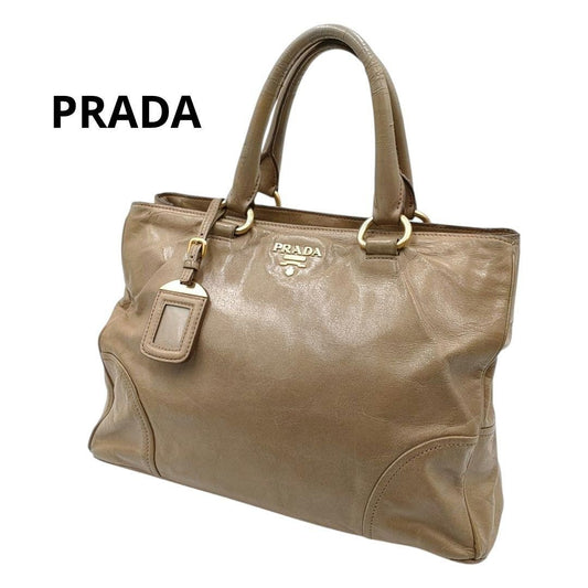 PRADA Hand Bag Tote Purse Leather Mocha Beige Authentic