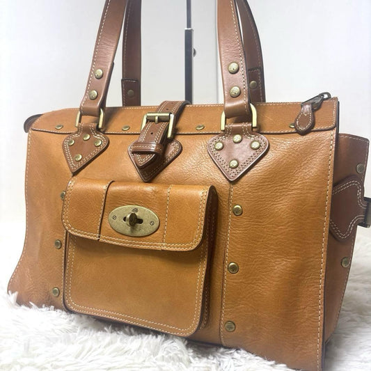 MULBERRY Hand Bag Tote Purse Turn Lock Leather Brown Authentic
