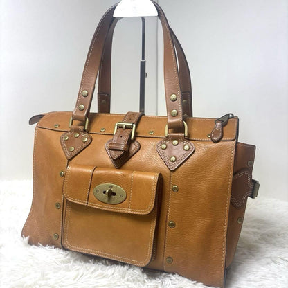 MULBERRY Hand Bag Tote Purse Turn Lock Leather Brown Authentic
