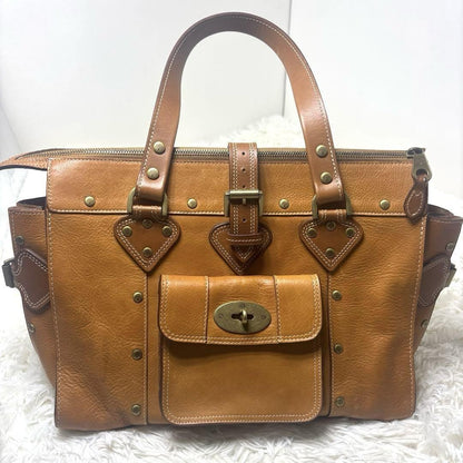 MULBERRY Hand Bag Tote Purse Turn Lock Leather Brown Authentic