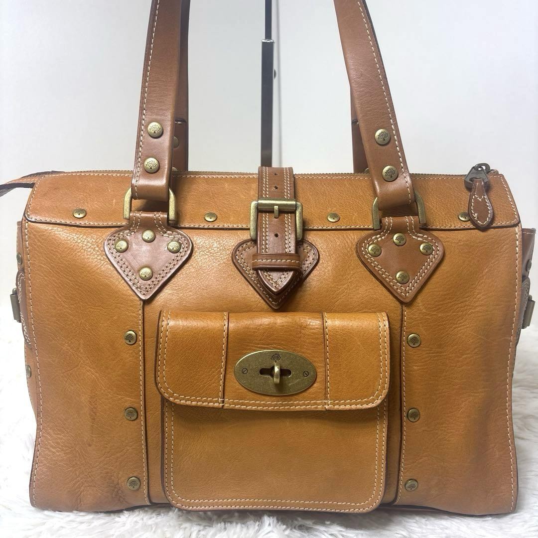 MULBERRY Hand Bag Tote Purse Turn Lock Leather Brown Authentic