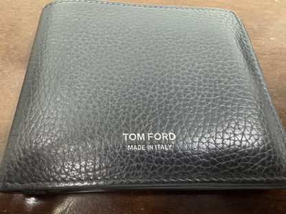TOM FORD Bi-fold Wallet Flap Compact Purse Leather Navy Black Authentic