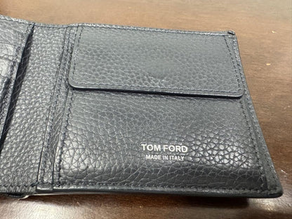 TOM FORD Bi-fold Wallet Flap Compact Purse Leather Navy Black Authentic