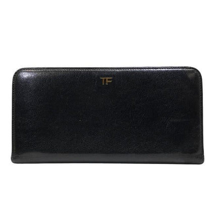 TOM FORD Round Zip Long Wallet Purse Logo Leather Black Authentic