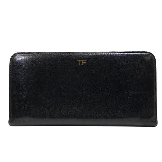 TOM FORD Round Zip Long Wallet Purse Logo Leather Black Authentic