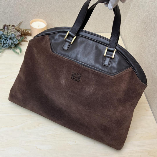 LOEWE Hand Bag Tote Purse Anagram Suede Leather Brown Authentic