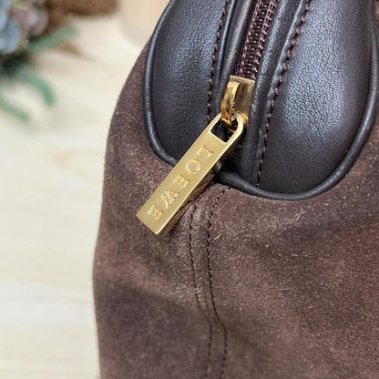 LOEWE Hand Bag Tote Purse Anagram Suede Leather Brown Authentic