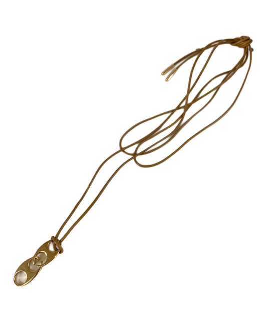GUCCI Necklace Pendant GG mark leather strap Gold Brown Women Accessory Auth