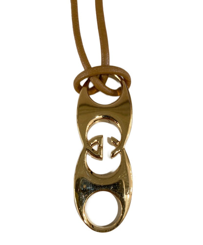 GUCCI Necklace Pendant GG mark leather strap Gold Brown Women Accessory Auth