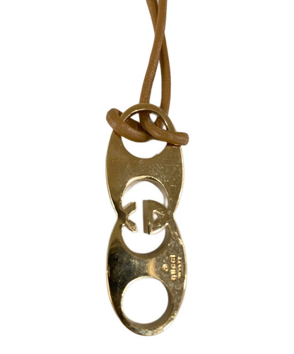 GUCCI Necklace Pendant GG mark leather strap Gold Brown Women Accessory Auth