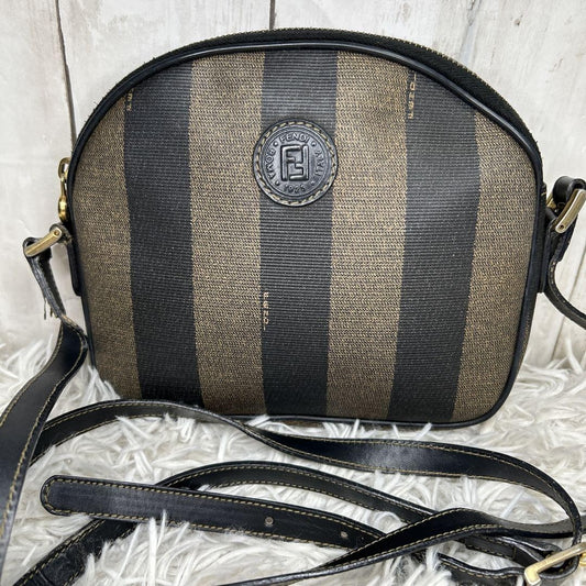 FENDI Shoulder Bag Purse FF Pecan PVC Leather Brown Black Authentic