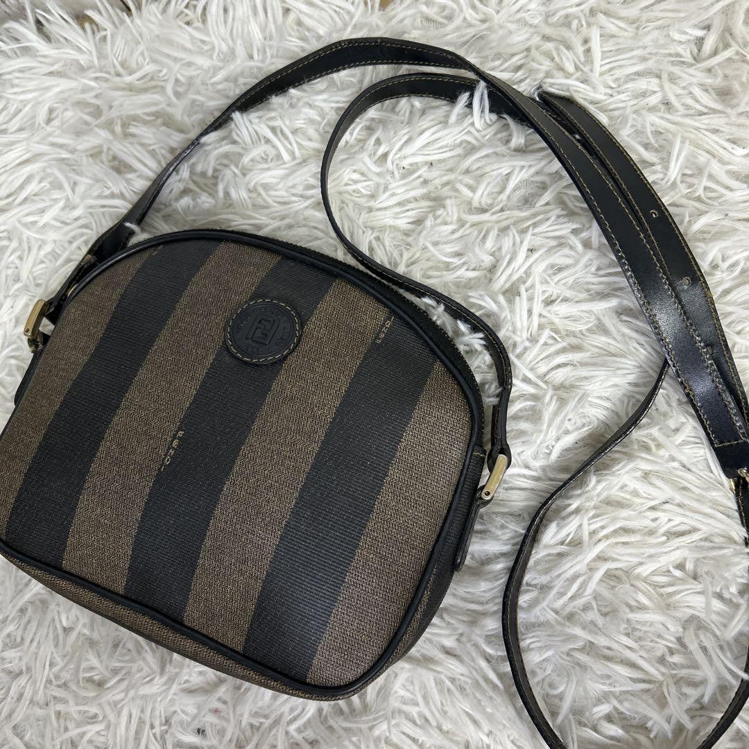 FENDI Shoulder Bag Purse FF Pecan PVC Leather Brown Black Authentic