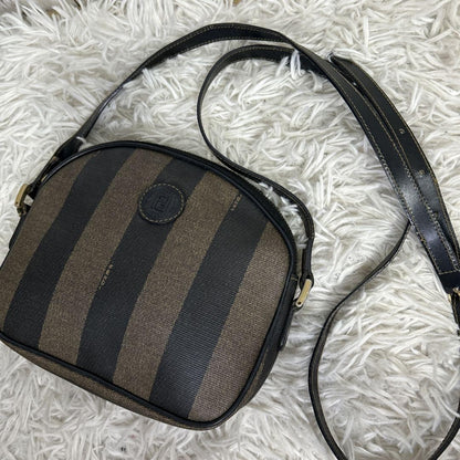 FENDI Shoulder Bag Purse FF Pecan PVC Leather Brown Black Authentic