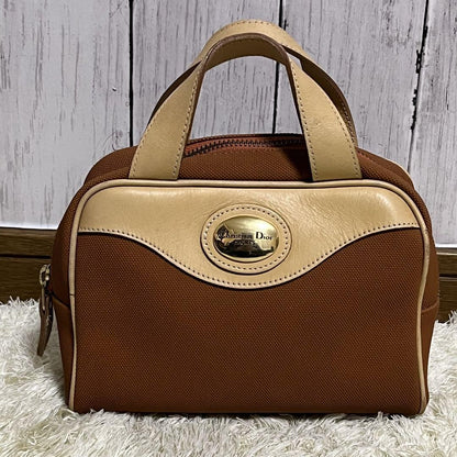 Christian Dior Hand Bag Tote Purse Canvas Leather Orange Beige Gold Authentic