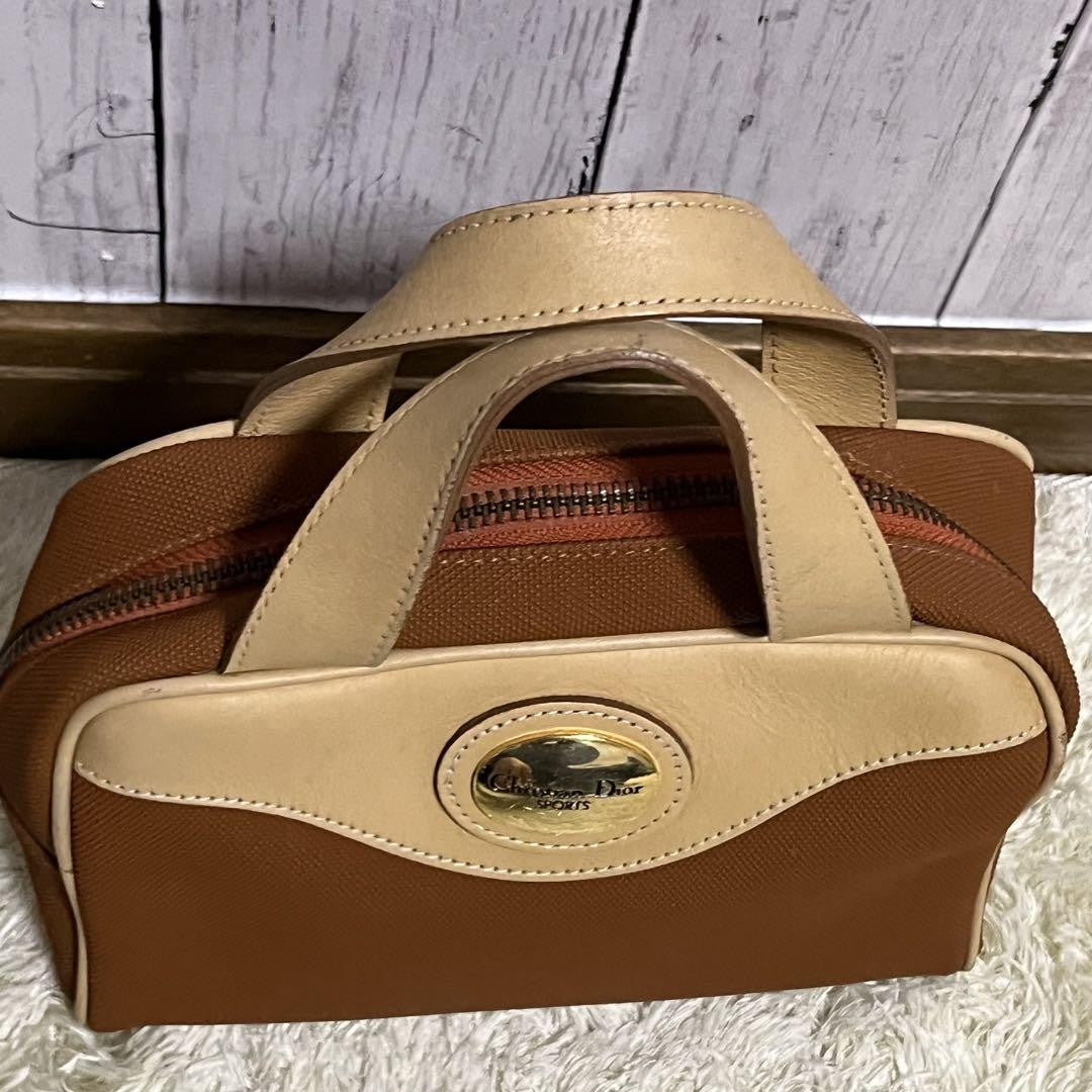 Christian Dior Hand Bag Tote Purse Canvas Leather Orange Beige Gold Authentic