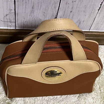 Christian Dior Hand Bag Tote Purse Canvas Leather Orange Beige Gold Authentic
