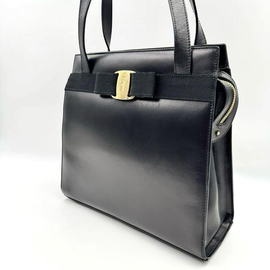 Salvatore Ferragamo handbag Tote Purse VARA RIBBON Leather Black Authentic Used