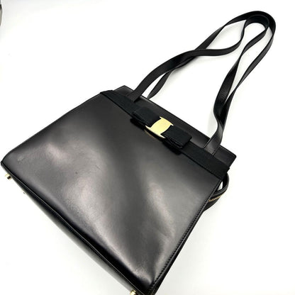 Salvatore Ferragamo handbag Tote Purse VARA RIBBON Leather Black Authentic Used