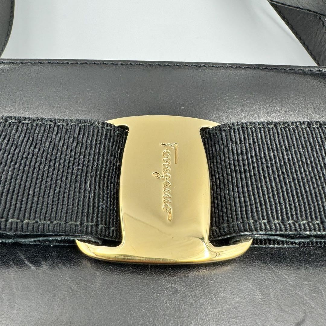 Salvatore Ferragamo handbag Tote Purse VARA RIBBON Leather Black Authentic Used