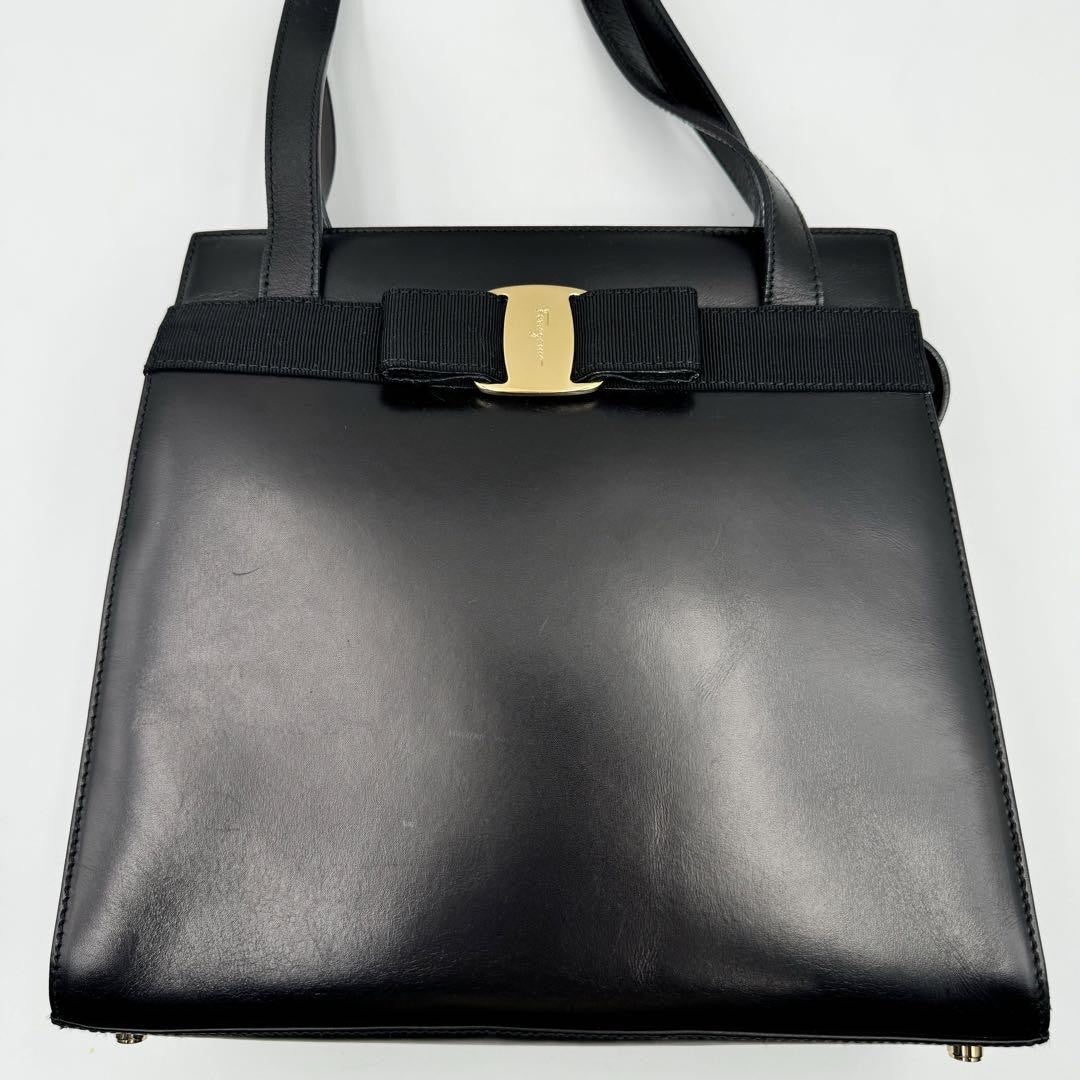 Salvatore Ferragamo handbag Tote Purse VARA RIBBON Leather Black Authentic Used