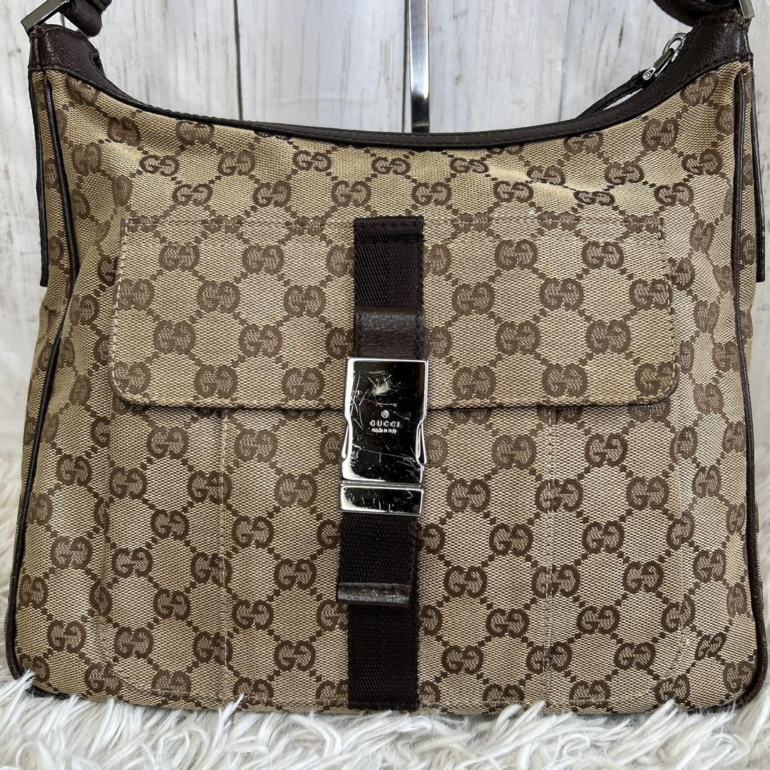 GUCCI Shoulder Bag Purse GG Canvas Leather Authentic Brown