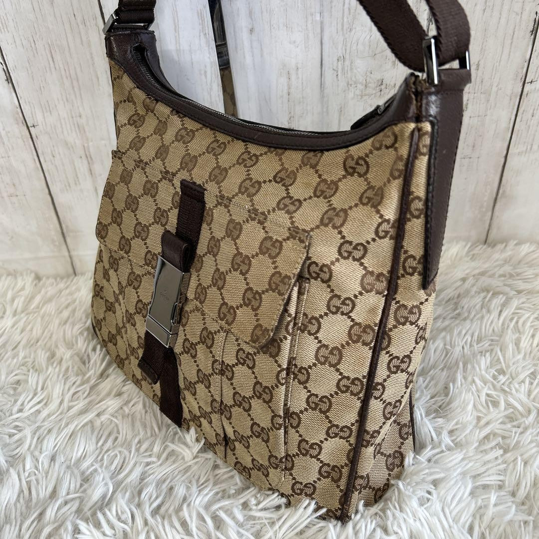 GUCCI Shoulder Bag Purse GG Canvas Leather Authentic Brown