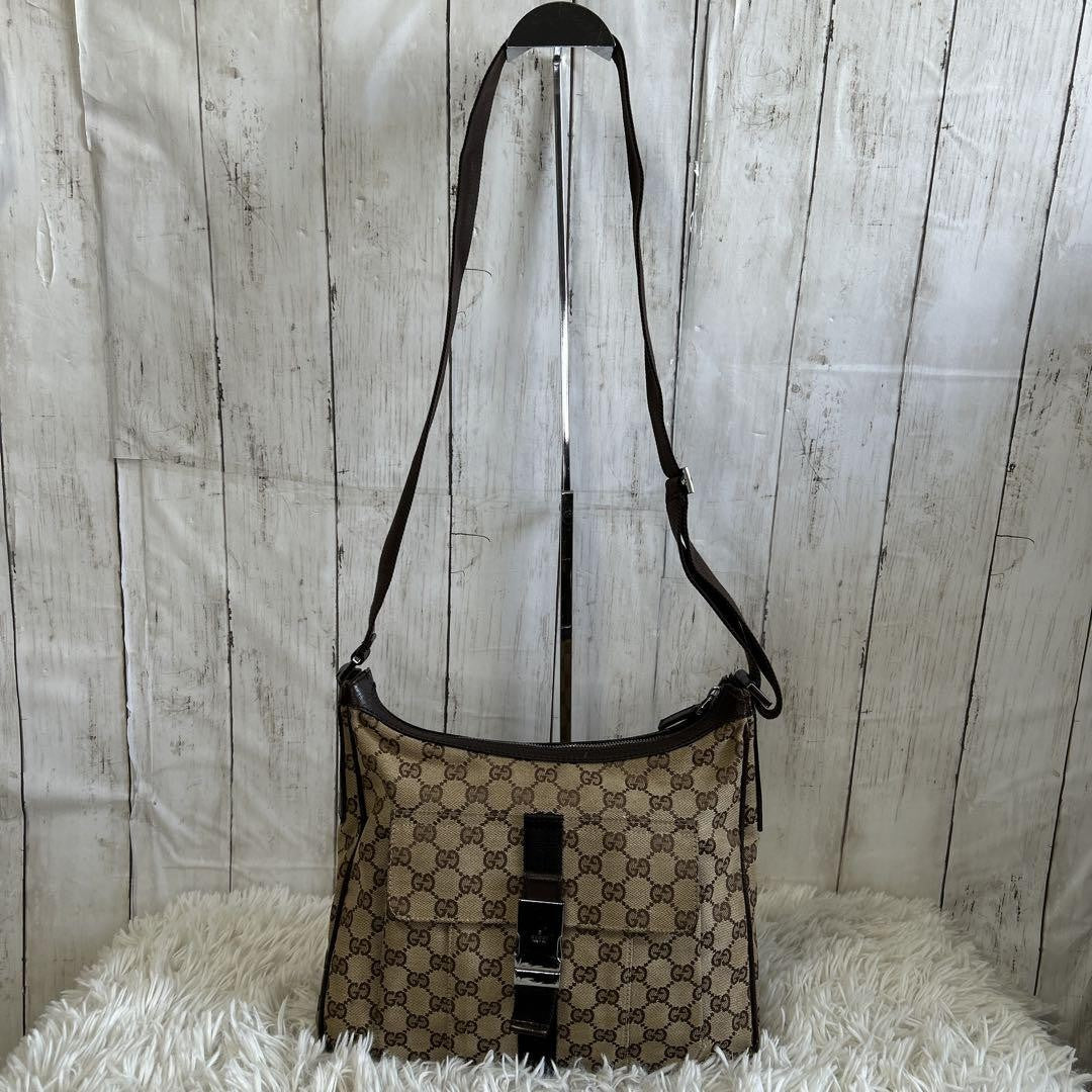 GUCCI Shoulder Bag Purse GG Canvas Leather Authentic Brown