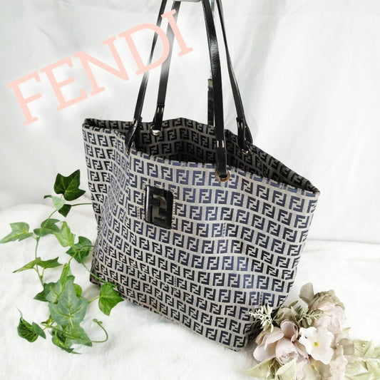FENDI Hand Bag Tote Purse FF Zucchino Leather Black Authentic