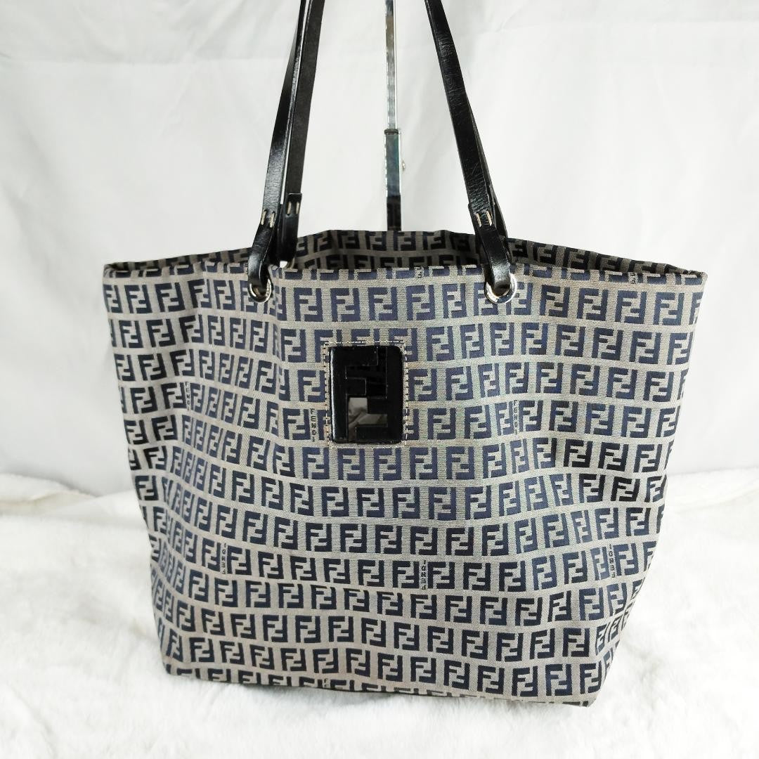 FENDI Hand Bag Tote Purse FF Zucchino Leather Black Authentic