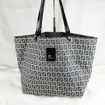 FENDI Hand Bag Tote Purse FF Zucchino Leather Black Authentic