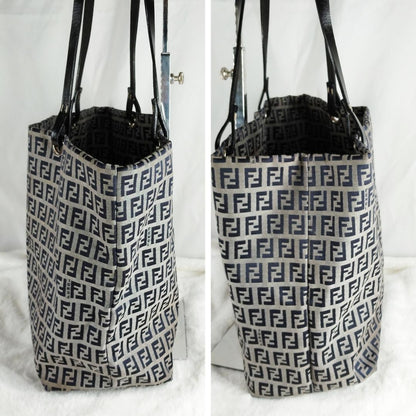 FENDI Hand Bag Tote Purse FF Zucchino Leather Black Authentic
