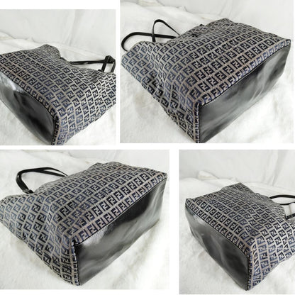 FENDI Hand Bag Tote Purse FF Zucchino Leather Black Authentic