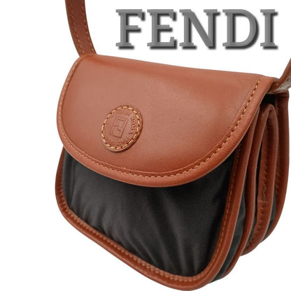 FENDI Mini Shoulder Bag Purse FF Leather Nylon Black Brown Authentic
