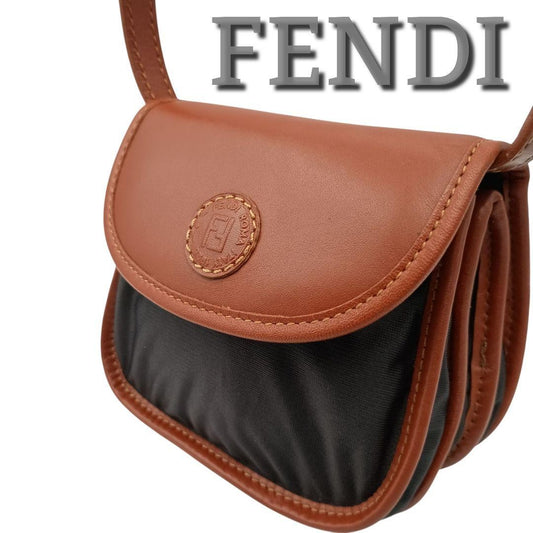 FENDI Mini Shoulder Bag Purse FF Leather Nylon Black Brown Authentic
