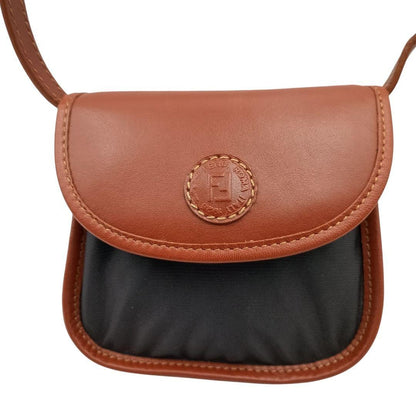 FENDI Mini Shoulder Bag Purse FF Leather Nylon Black Brown Authentic