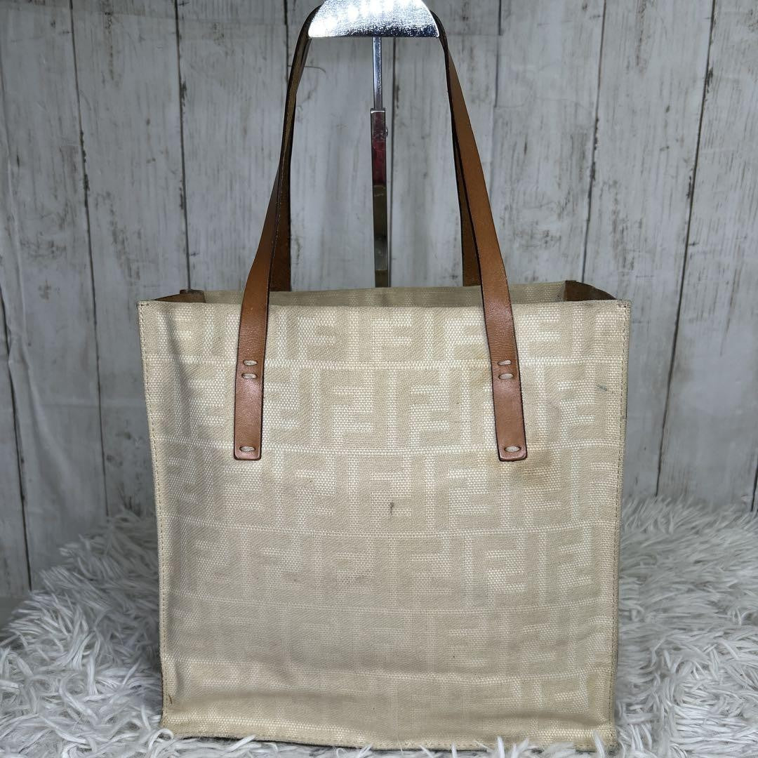 FENDI Hand Bag Tote Purse FF Zucca Canvas Leather White Authentic