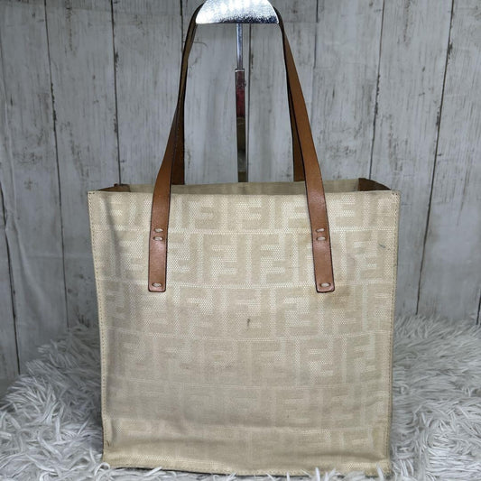 FENDI Hand Bag Tote Purse FF Zucca Canvas Leather White Authentic