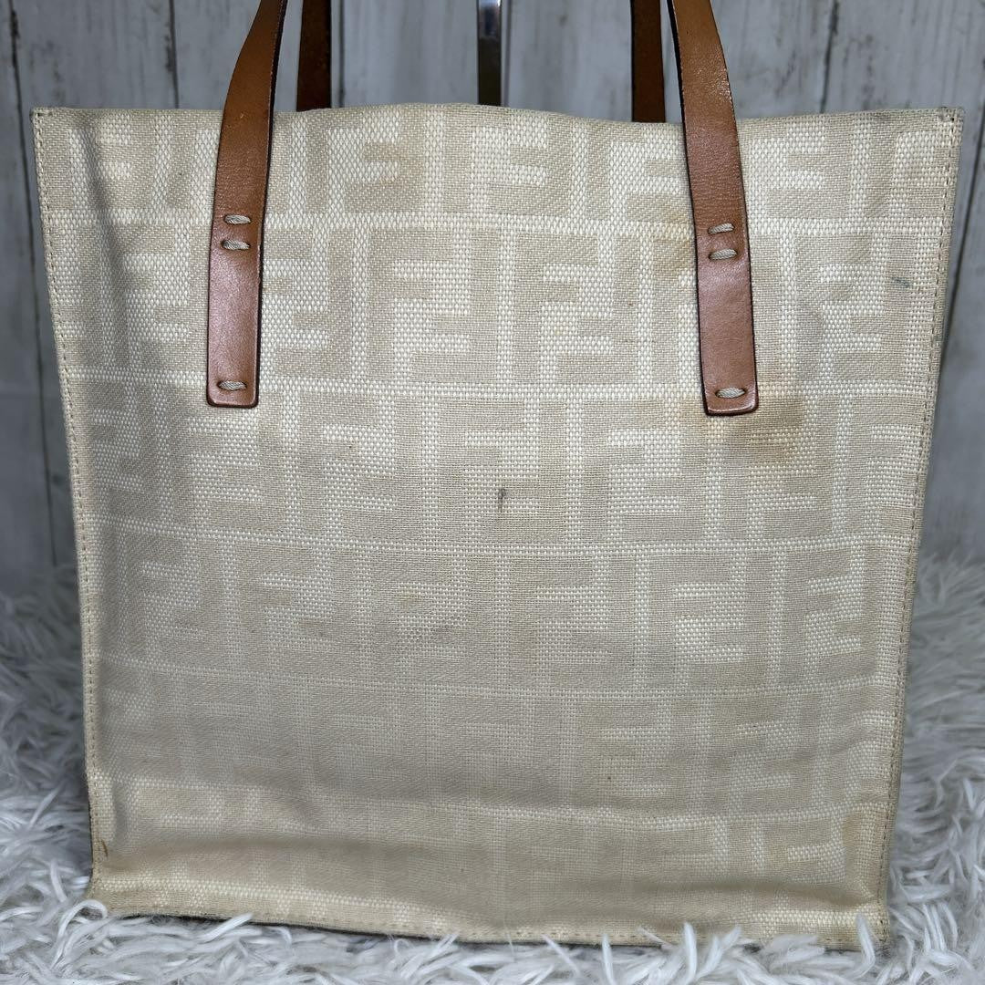 FENDI Hand Bag Tote Purse FF Zucca Canvas Leather White Authentic