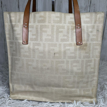FENDI Hand Bag Tote Purse FF Zucca Canvas Leather White Authentic