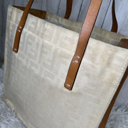 FENDI Hand Bag Tote Purse FF Zucca Canvas Leather White Authentic