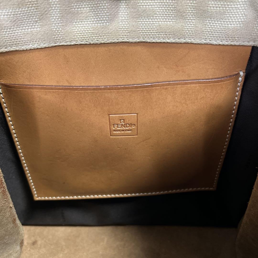 FENDI Hand Bag Tote Purse FF Zucca Canvas Leather White Authentic