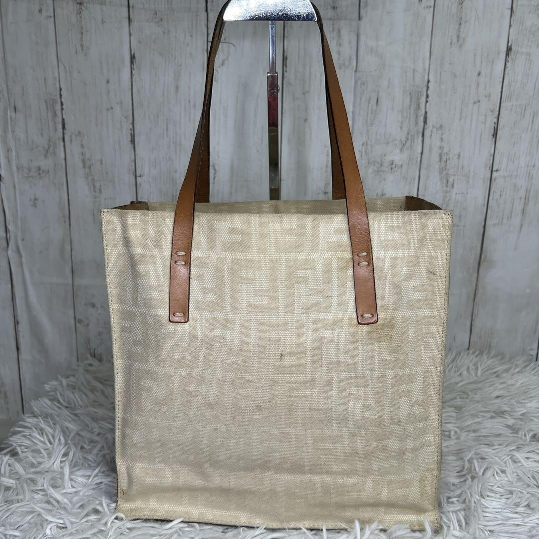 FENDI Hand Bag Tote Purse FF Zucca Canvas Leather White Authentic