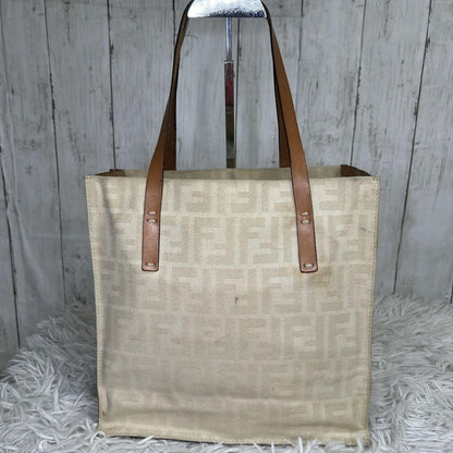FENDI Hand Bag Tote Purse FF Zucca Canvas Leather White Authentic
