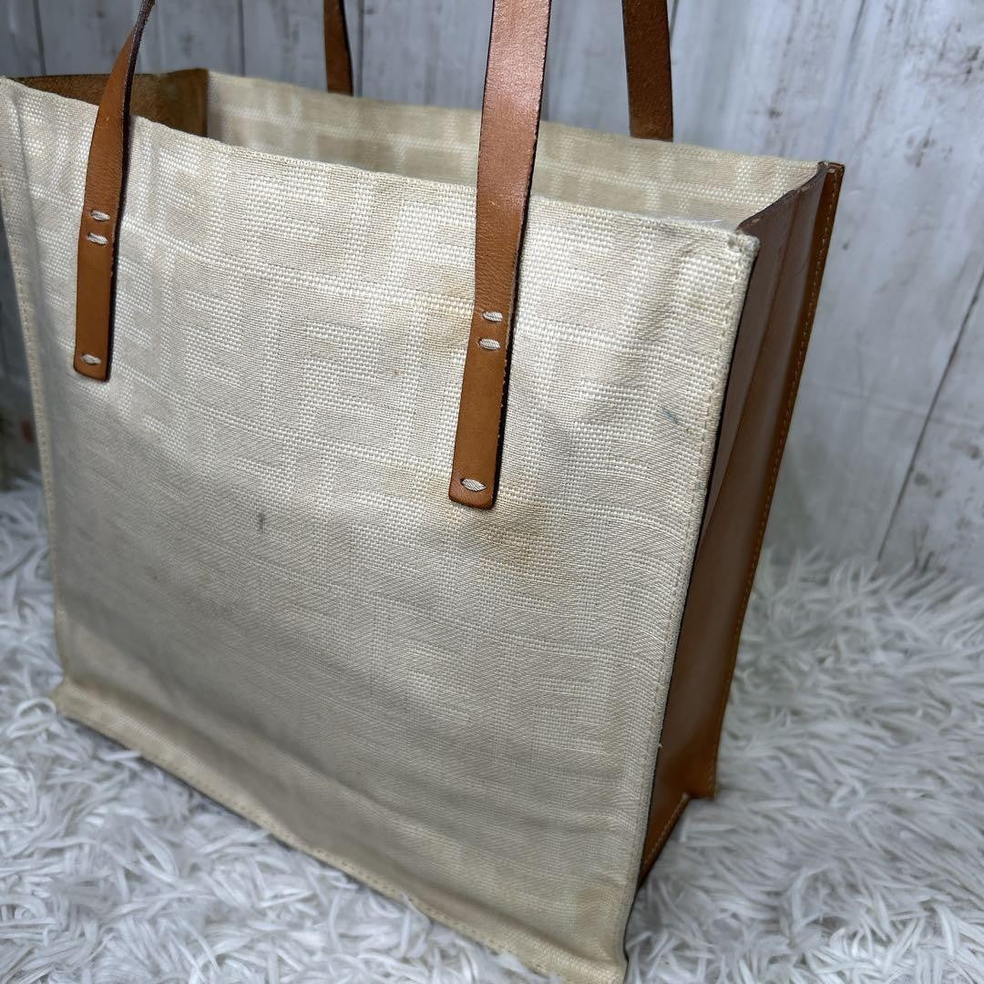 FENDI Hand Bag Tote Purse FF Zucca Canvas Leather White Authentic