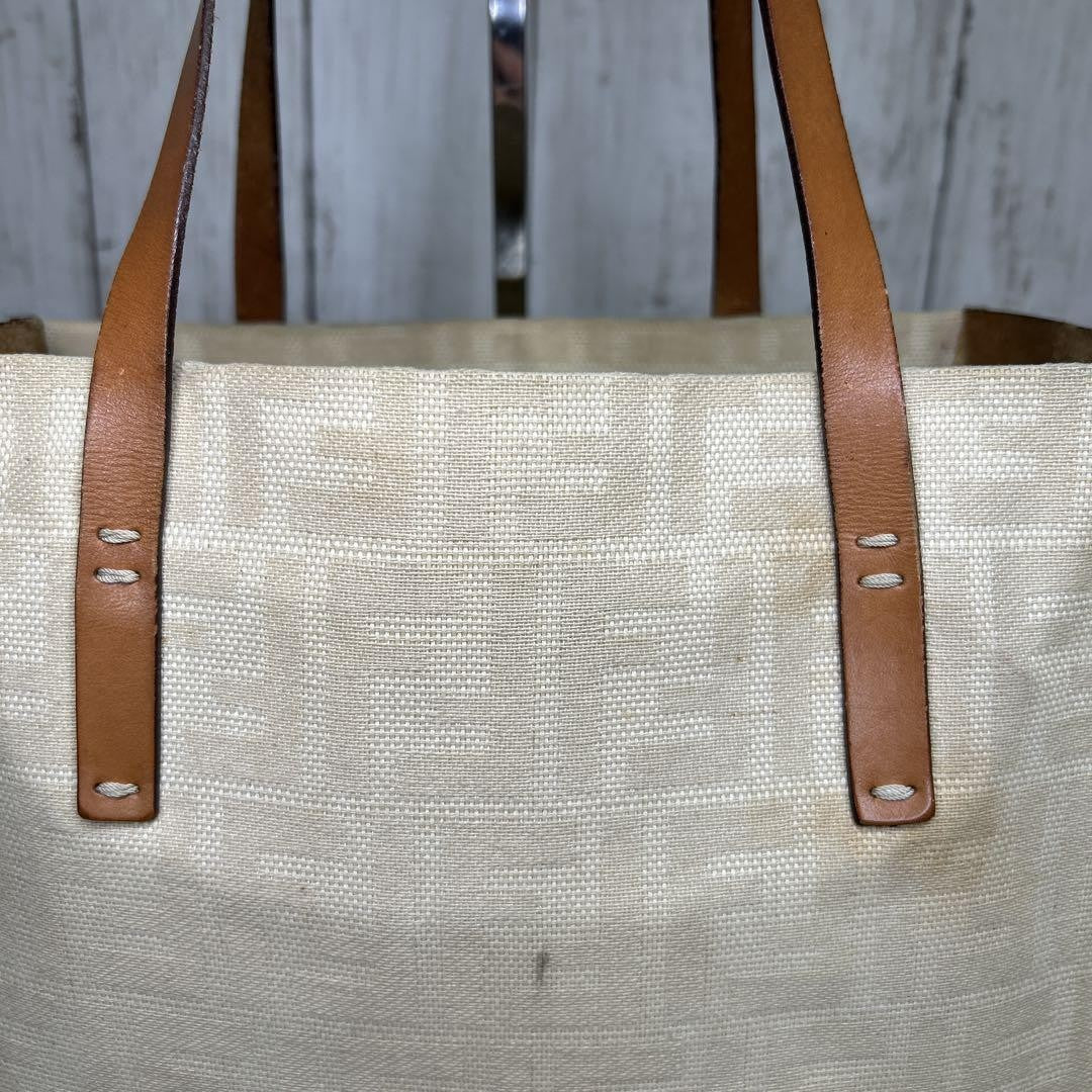 FENDI Hand Bag Tote Purse FF Zucca Canvas Leather White Authentic