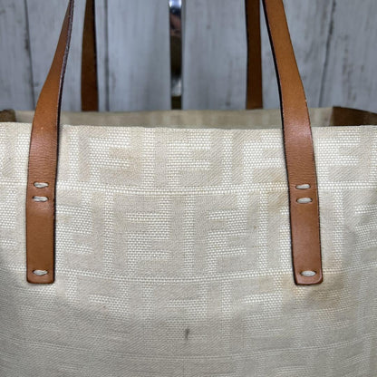 FENDI Hand Bag Tote Purse FF Zucca Canvas Leather White Authentic